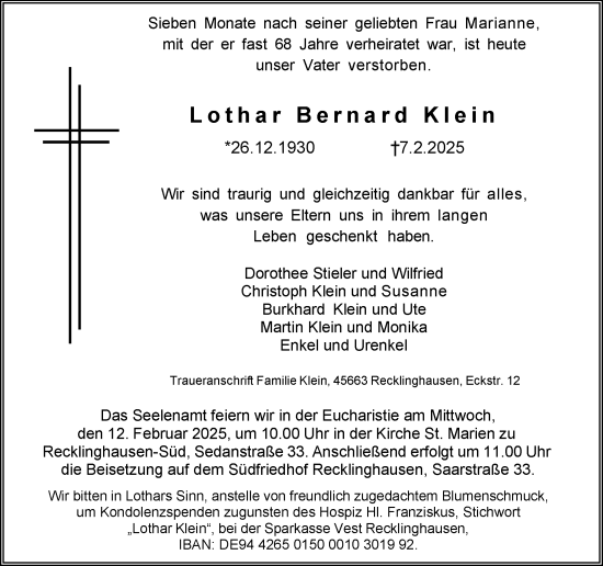 Traueranzeige von Lothar Bernard Klein von Trauer Vest