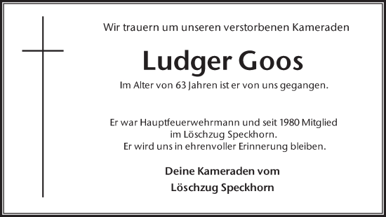 Traueranzeige von Ludger Goos von Trauer Vest