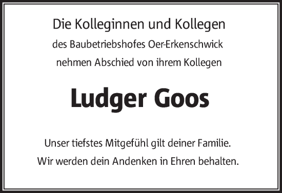 Traueranzeige von Ludger Goos von Trauer Vest