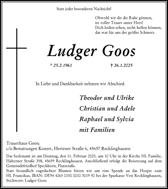 Traueranzeige von Ludger Goos von Trauer Vest