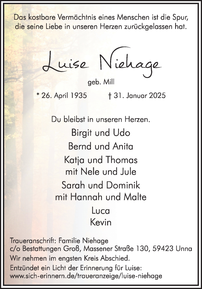 Traueranzeige für Luise Niehage vom 08.02.2025 aus Hellweger Anzeiger