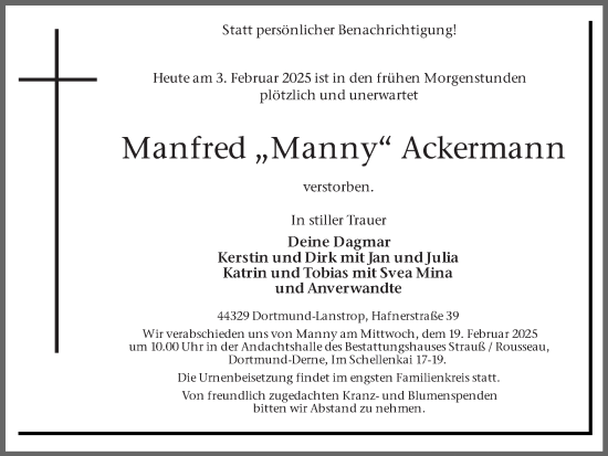 Traueranzeige von Manfred Ackermann von Ruhr Nachrichten