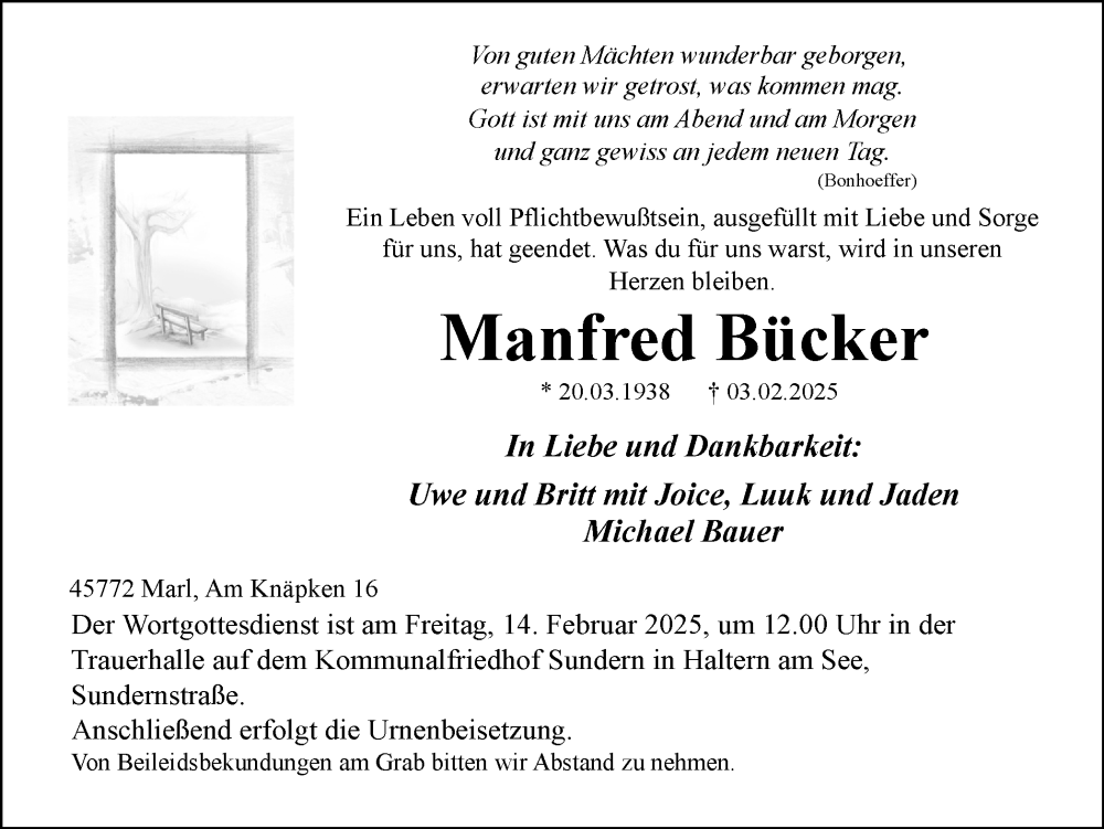  Traueranzeige für Manfred Bücker vom 08.02.2025 aus Ruhr Nachrichten und Halterner Zeitung