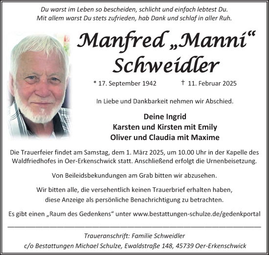 Traueranzeige von Manfred Schweidler von Trauer Vest
