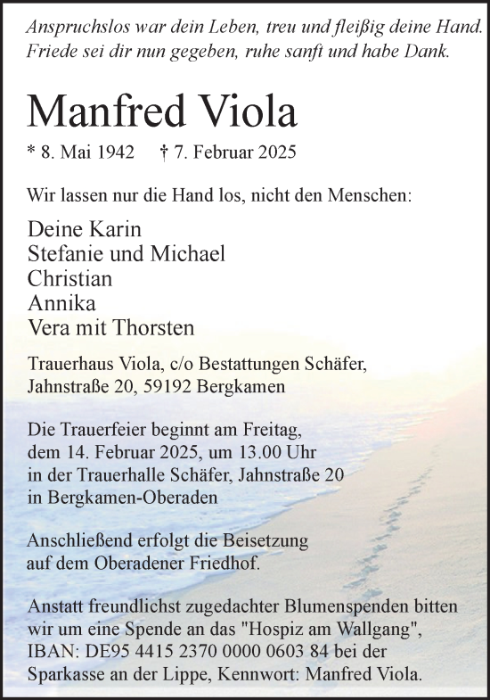 Traueranzeige von Manfred Viola von Hellweger Anzeiger