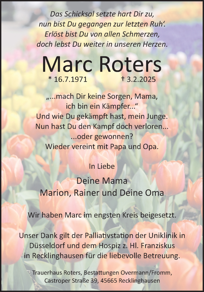  Traueranzeige für Marc Roters vom 15.02.2025 aus Trauer Vest