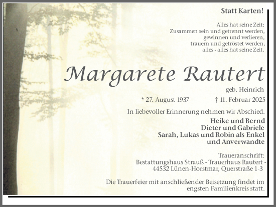 Traueranzeige von Margarete Rautert von Ruhr Nachrichten