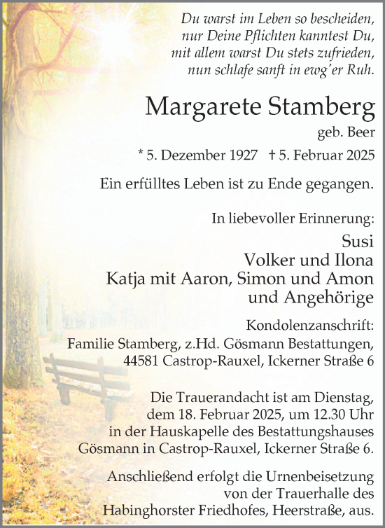 Traueranzeige von Margarete Stamberg von Stadtanzeiger Castrop-Rauxel