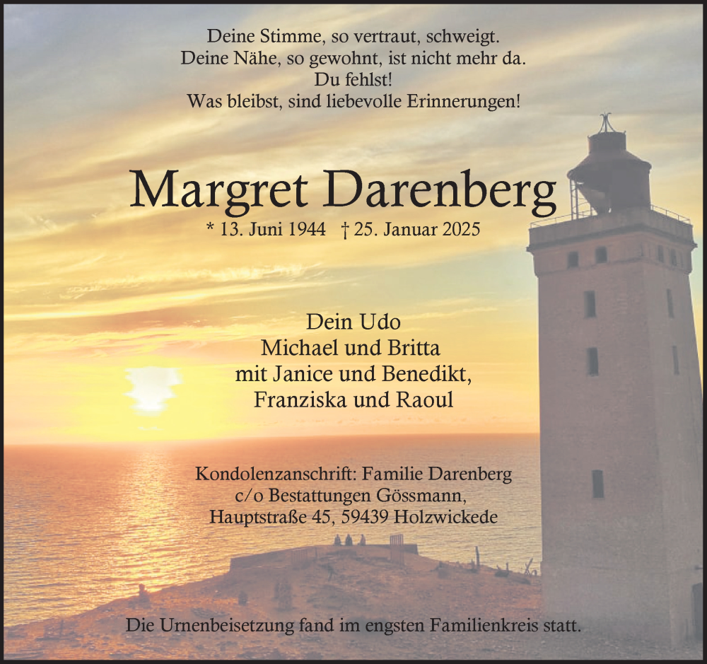  Traueranzeige für Margret Darenberg vom 08.02.2025 aus Hellweger Anzeiger