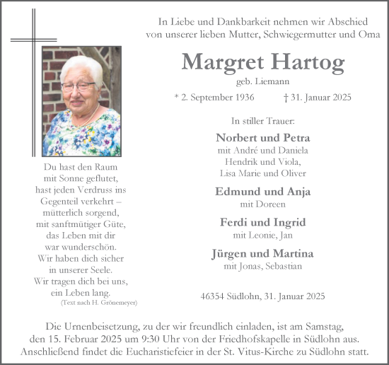 Traueranzeige von Margret Hartog von Münsterland Zeitung
