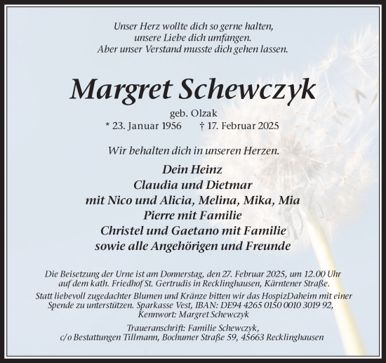 Traueranzeige von Margret Schewczyk von Trauer Vest