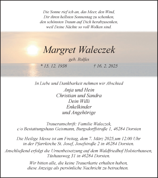 Traueranzeige von Margret Waleczek von Ruhr Nachrichten und Dorstener Zeitung