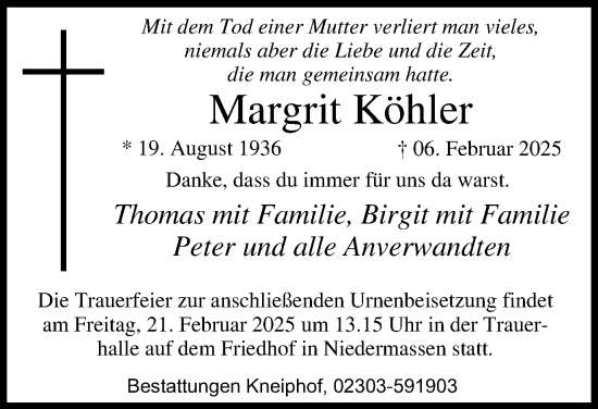 Traueranzeige von Margrit Köhler von Hellweger Anzeiger