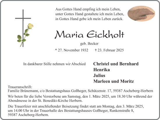 Traueranzeige von Maria Eickholt von Ruhr Nachrichten