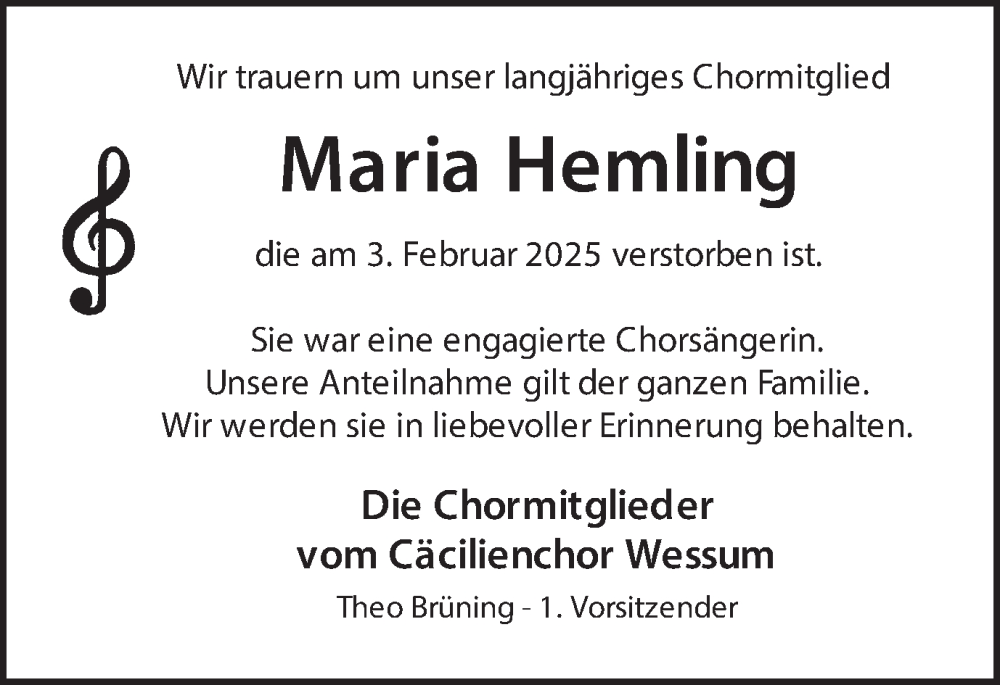  Traueranzeige für Maria Hemling vom 08.02.2025 aus Münsterland Zeitung