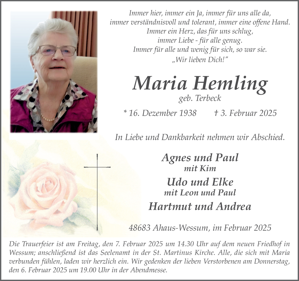  Traueranzeige für Maria Hemling vom 05.02.2025 aus Münsterland Zeitung