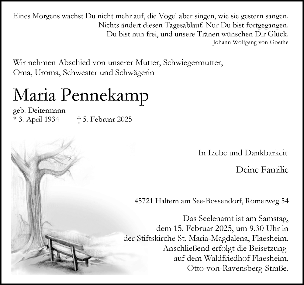  Traueranzeige für Maria Pennekamp vom 08.02.2025 aus Ruhr Nachrichten und Halterner Zeitung