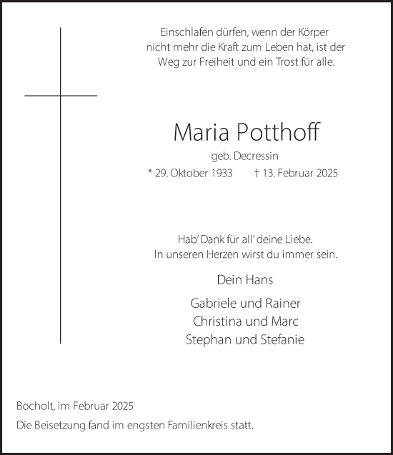 Traueranzeige von Maria Potthoff 