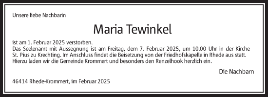 Traueranzeige von Maria Tewinkel 
