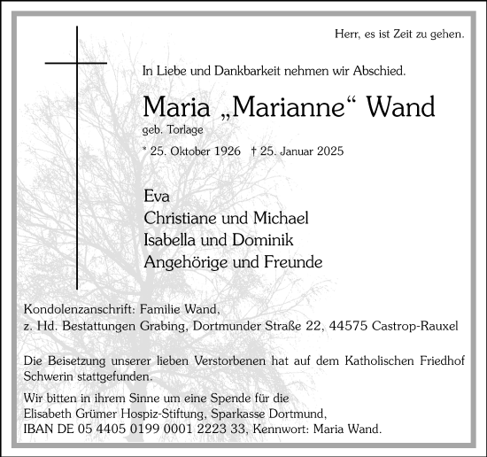 Traueranzeige von Maria Wand von Stadtanzeiger Castrop-Rauxel