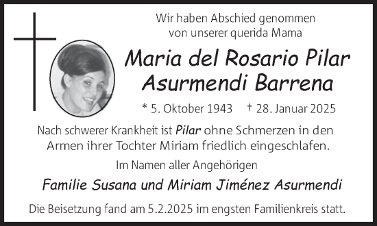 Traueranzeige von Maria del Rosario Pilar  Asurmendi Barrena 