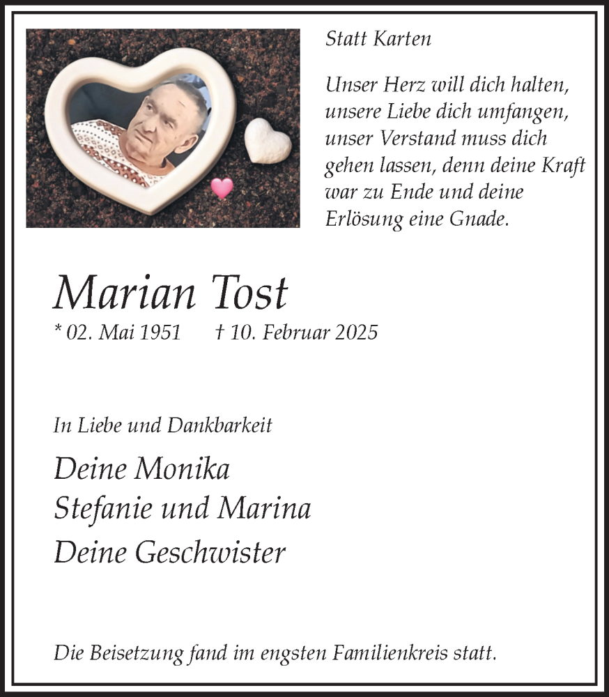  Traueranzeige für Marian Tost vom 01.03.2025 aus Trauer Vest