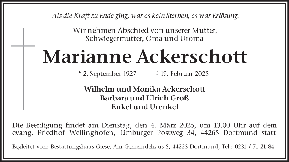  Traueranzeige für Marianne Ackerschott vom 22.02.2025 aus Ruhr Nachrichten