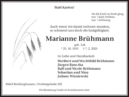 Traueranzeige von Marianne Brühmann von Trauer Vest