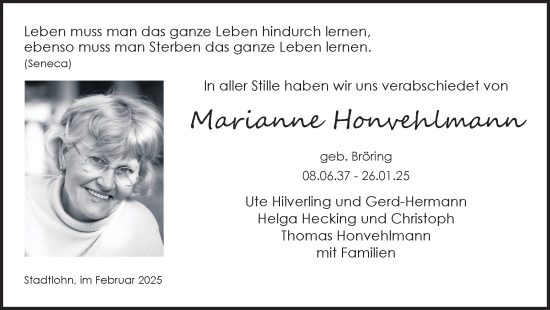 Traueranzeige von Marianne Honvehlmann von Münsterland Zeitung