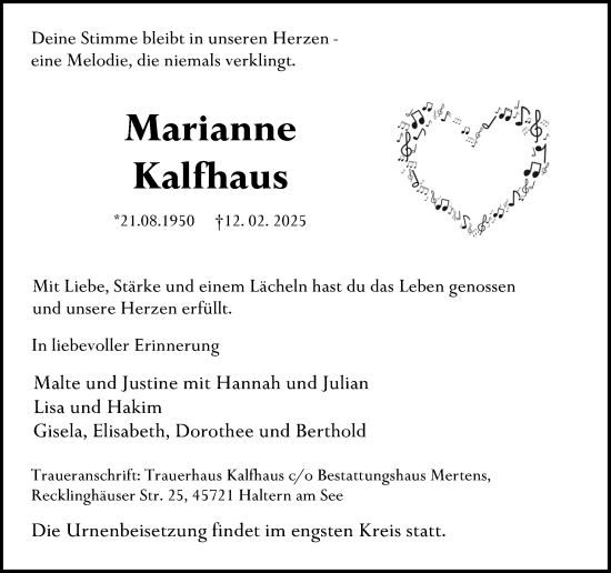 Traueranzeige von Marianne Kalfhaus von Trauer Vest