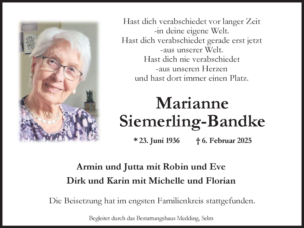  Traueranzeige für Marianne Siemerling-Bandke vom 15.02.2025 aus Lüner Anzeiger