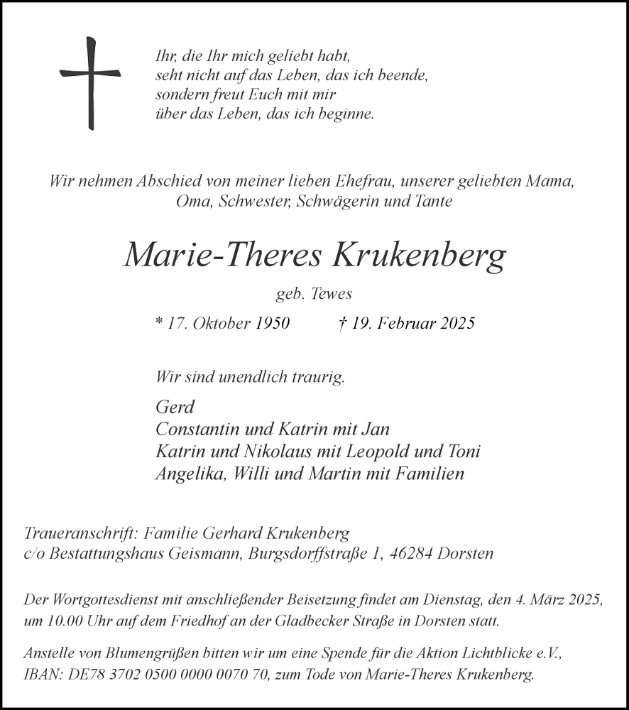  Traueranzeige für Marie-Theres Krukenberg vom 26.02.2025 aus Ruhr Nachrichten und Dorstener Zeitung