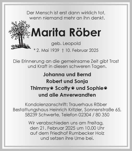 Traueranzeige von Marita Röber von Hellweger Anzeiger
