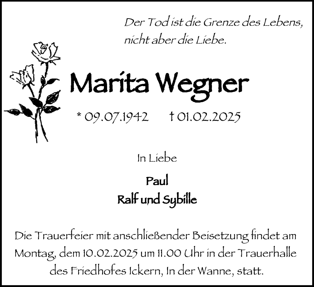  Traueranzeige für Marita Wegner vom 08.02.2025 aus Stadtanzeiger Castrop-Rauxel