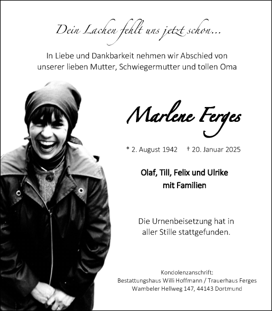 Traueranzeige von Marlene Ferges von Ruhr Nachrichten