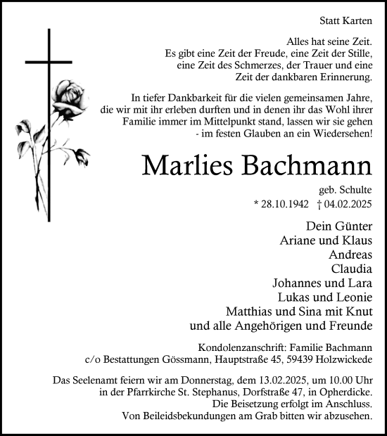 Traueranzeige von Marlies Bachmann von Hellweger Anzeiger