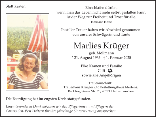 Traueranzeige von Marlies Krüger von Ruhr Nachrichten und Halterner Zeitung
