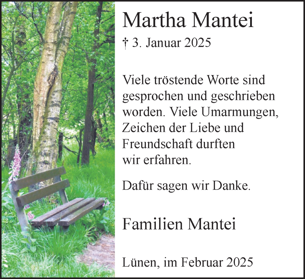  Traueranzeige für Martha Mantei vom 08.02.2025 aus Lüner Anzeiger