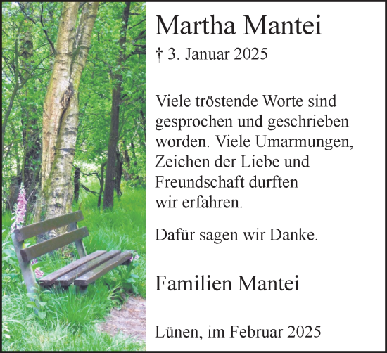 Traueranzeige von Martha Mantei von Lüner Anzeiger