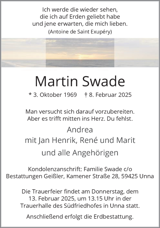 Traueranzeige von Martin Swade von Hellweger Anzeiger