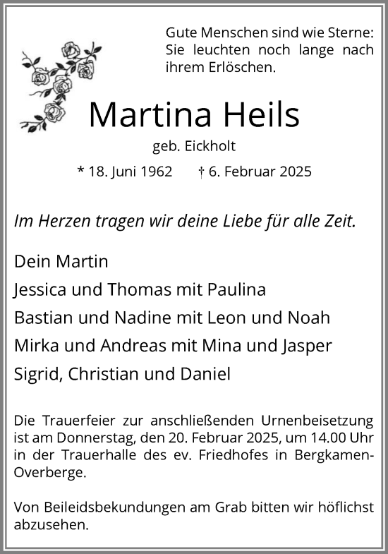 Traueranzeige von Martina Heils von Hellweger Anzeiger