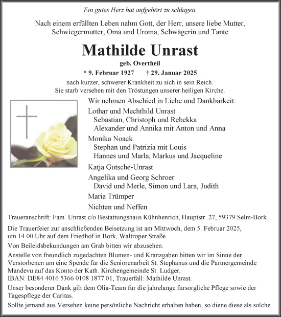 Traueranzeige von Mathilde Unrast von Ruhr Nachrichten
