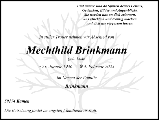 Traueranzeige von Mechthild Brinkmann von Hellweger Anzeiger