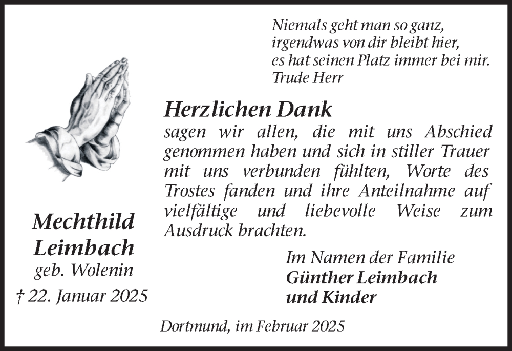  Traueranzeige für Mechthild Leimbach vom 22.02.2025 aus Ruhr Nachrichten