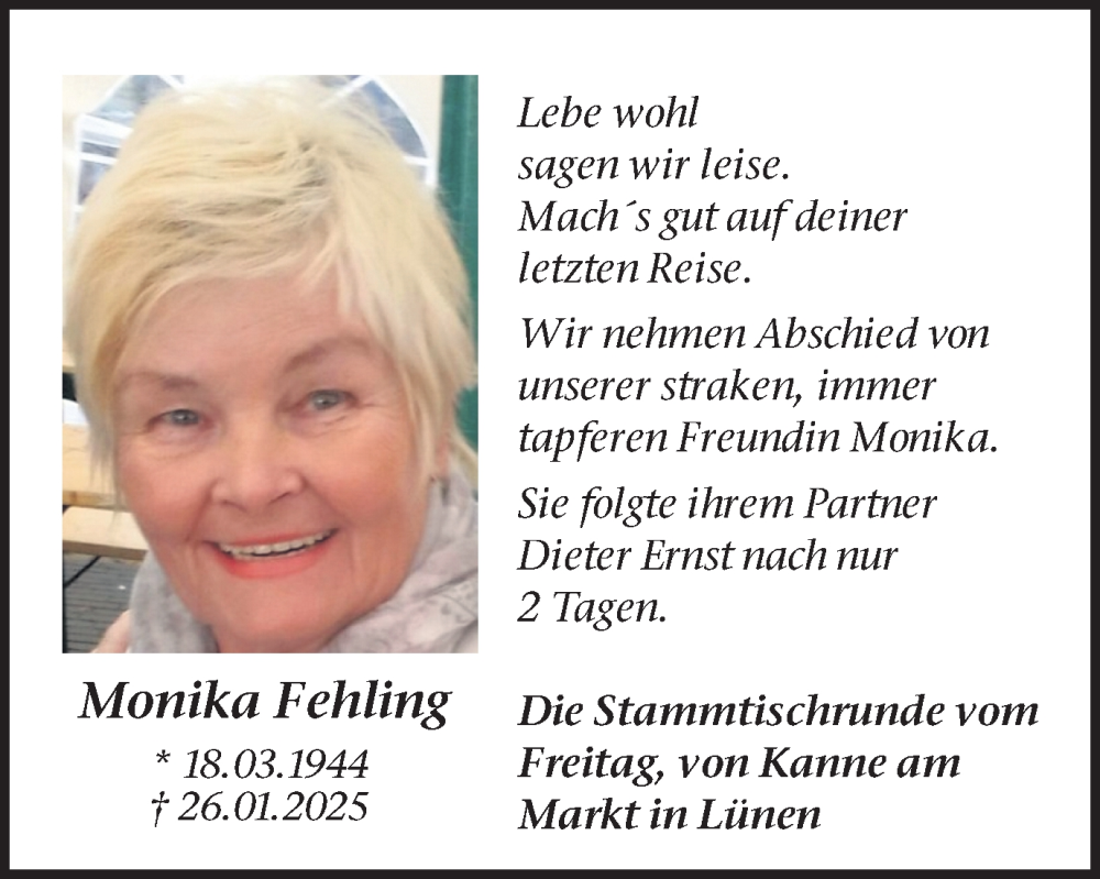  Traueranzeige für Monika Fehling vom 08.02.2025 aus Lüner Anzeiger