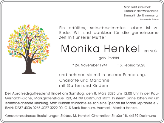 Traueranzeige von Monika Henkel von Ruhr Nachrichten
