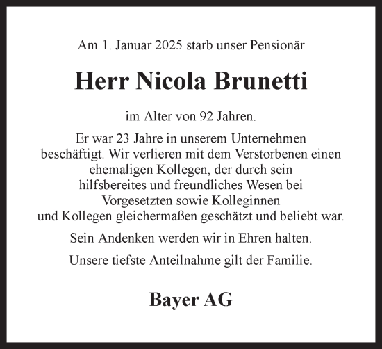 Traueranzeige von Nicola Brunetti von Hellweger Anzeiger