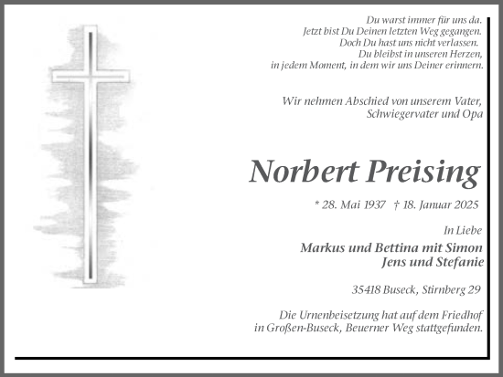Traueranzeige von Norbert Preising von Ruhr Nachrichten