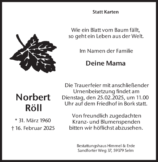 Traueranzeige von Norbert Röll von Lüner Anzeiger