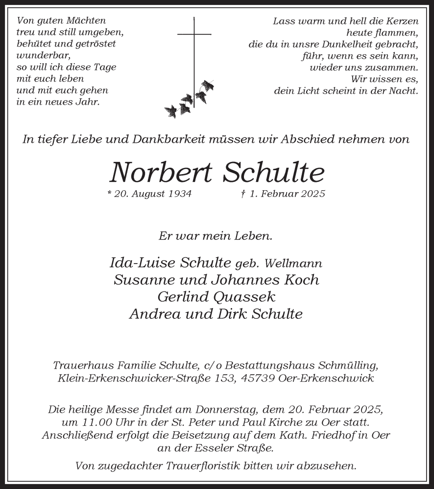  Traueranzeige für Norbert Schulte vom 15.02.2025 aus Trauer Vest